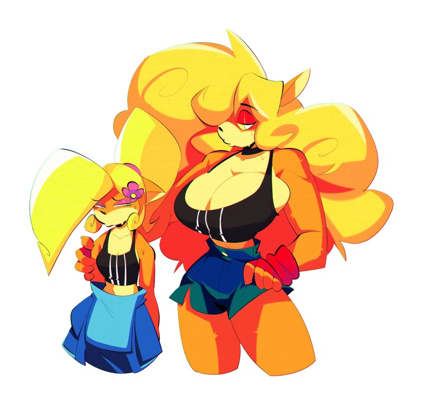 anthro big_breasts blonde_hair bottomwear bra breast_size_difference breasts bulging_breasts cleavage clothed clothing duo female hair larger_female long_hair overalls shorts side_boob size_difference smaller_female sports_bra underwear jdwalkrat activision crash_bandicoot_(series) sports_bra_difference_meme coco_bandicoot tawna_bandicoot bandicoot mammal marsupial hi_res