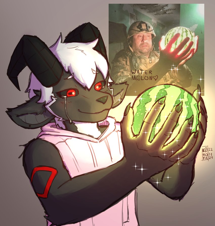 anthro black_horn black_sclera bodily_fluids countershading food fruit glowing hair holding_object horizontal_pupils horn male markings melon photo_reference plant pupils red_eyes red_markings reference_image solo tears watermelon white_hair k0moya komoya_(k0moya) bovid caprine caprine_demon demon goat_demon mammal hi_res meme