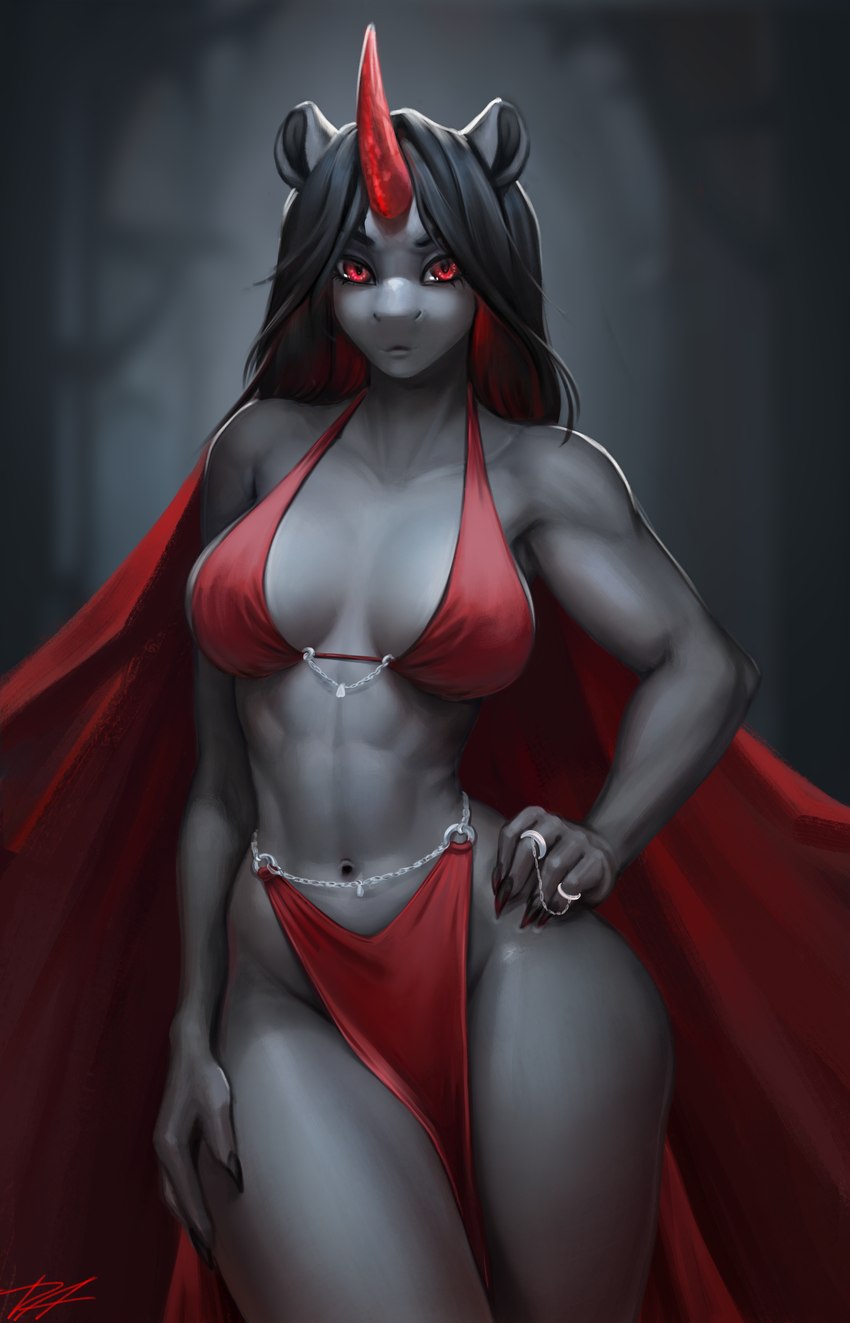 abs anthro anthrofied athletic black_hair bottomwear breasts cape chain cleavage clothed clothing cocked_hip crossgender female grey_body hair hand_on_hip horn jewelry legs_together loincloth long_nails looking_at_viewer midriff mtf_crossgender muscular muscular_anthro muscular_female navel red_clothing red_eyes ring side_boob skimpy solo standing thick_thighs wide_hips dacsy friendship_is_magic hasbro my_little_pony mythology king_sombra_(mlp) equid equine mammal mythological_creature mythological_equine shadow_pony umbrum unicorn absurd_res hi_res red_theme