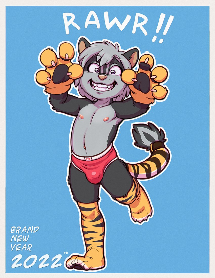 4_fingers animal_print anthro blue_background border bulge clothing fingers gloves grin handwear holidays legwear looking_at_viewer male navel nipples on_one_leg paw_gloves rawr simple_background smile solo standing text tiger_print underwear white_border young young_anthro rb chinese_zodiac new_year new_year_2022 year_of_the_tiger scotty_kat mammal mephitid skunk 2022 english_text hi_res