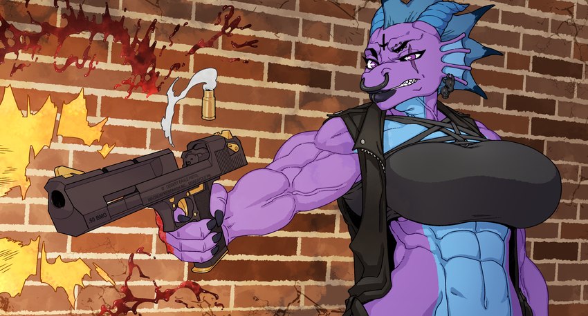 abs angry anthro big_breasts big_muscles blood blood_splatter bloody_knuckles bodily_fluids breasts brick_wall bullet_casing clothing cross desert_eagle ear_piercing eye_scar eyebrow_piercing facial_piercing facial_scar female gun handgun holding_gun holding_object holding_ranged_weapon holding_weapon huge_muscles insane inverted_cross jacket leather leather_clothing leather_jacket leather_topwear lip_piercing mature_anthro mature_female mohawk muscular muscular_female nose_piercing pentagram_bra piercing pistol ranged_weapon scar shooting_gun sleeveless_jacket solo topwear vein veiny_muscles wall_(structure) weapon mythology delilah_(deminothedragon) dragon mythological_creature mythological_scalie scalie absurd_res hi_res