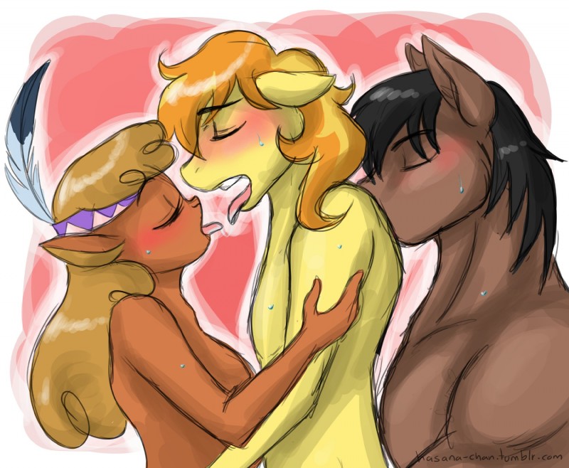 anthro bisexual blush bodily_fluids eyes_closed female group group_sex male male/female male/male sex sweat threesome trio hasana-chan friendship_is_magic hasbro my_little_pony braeburn_(mlp) little_strongheart_(mlp) promontory_(mlp) american_bison bison bovid bovine earth_pony equid equine horse mammal pony hi_res