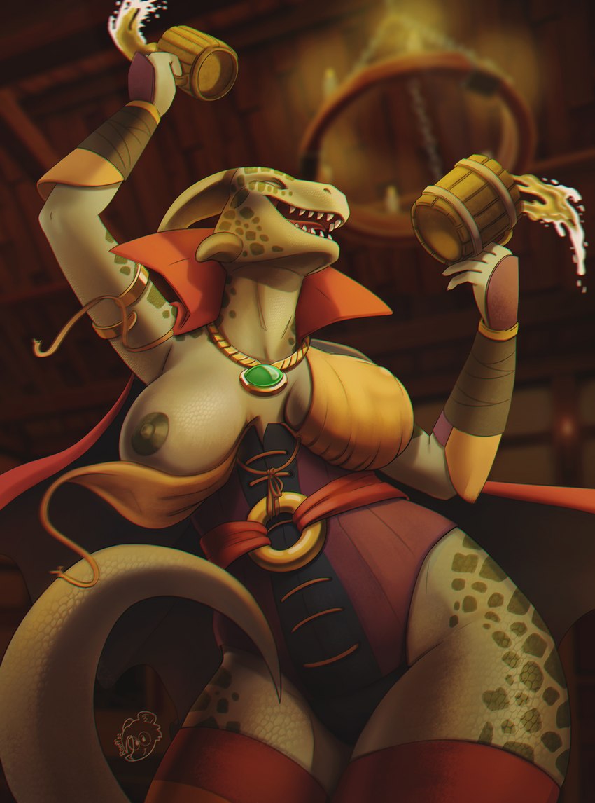 accessory alcohol anthro areola armband armor bare_chest beer beverage blurred_background breasts cape clothed clothing eyes_closed female green_body green_scales horn jewelry low-angle_view necklace nipples non-mammal_breasts one_breast_out open_mouth open_smile pendant scales smile solo tail tankard tavern thick_tail thick_thighs vambrace wardrobe_malfunction wide_hips ronff microsoft the_elder_scrolls argonian lizard reptile scalie 2022 chromatic_aberration digital_media_(artwork) hi_res