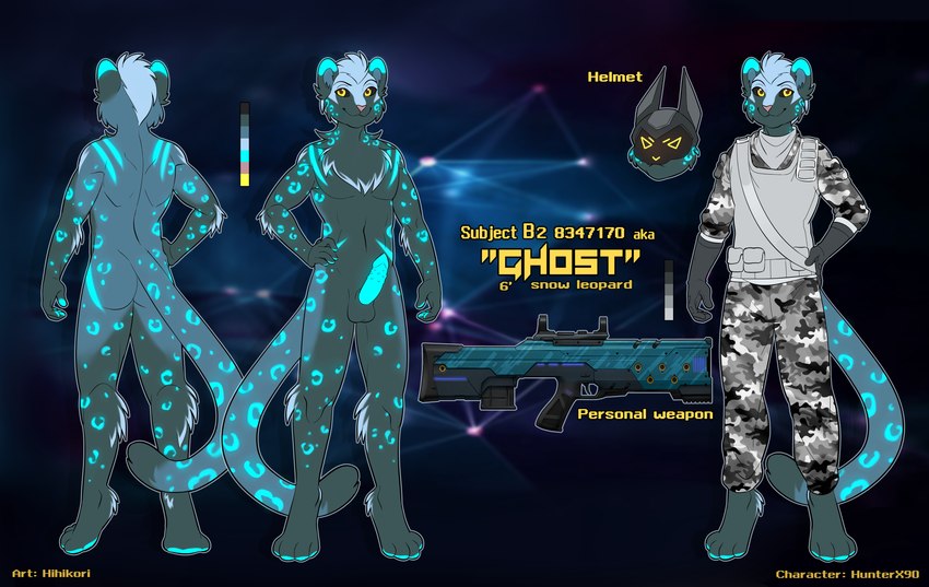 anthro armor biped clothing fur genitals glowing glowing_body glowing_fur glowing_genitalia glowing_penis glowing_spots glowing_stripes gun headgear helmet male penis ranged_weapon rifle solo spots stripes super_soldier text uniform weapon aestaroth enhance hihikori ghost_(hunterx90) felid mammal pantherine snow_leopard absurd_res english_text hi_res