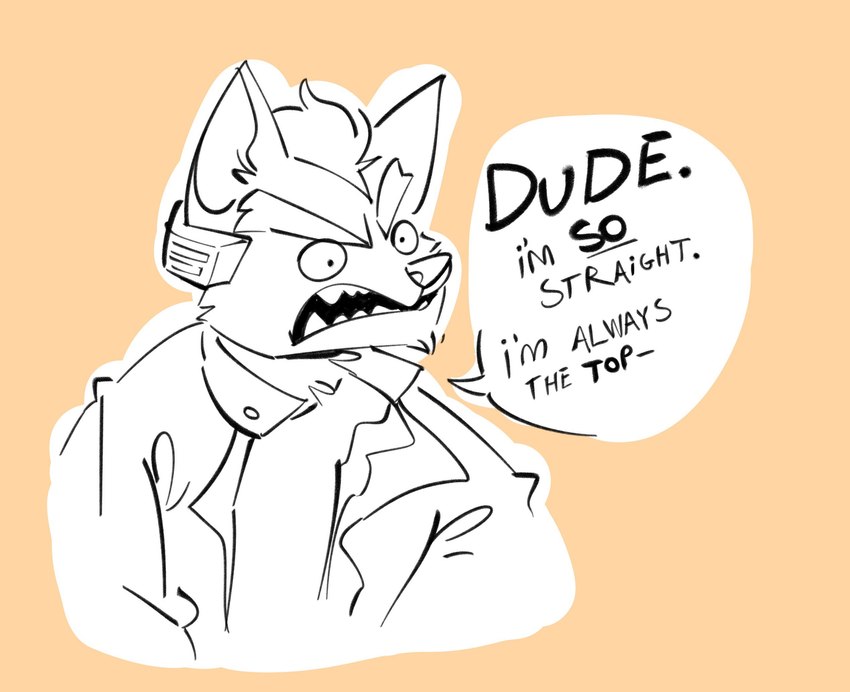 angry anthro clothed clothing dialogue jacket male open_mouth simple_background solo speech_bubble stated_heterosexuality stated_sexuality text topwear salamikii nintendo star_fox fox_mccloud canid canine canis fox mammal digital_media_(artwork) english_text hi_res monochrome