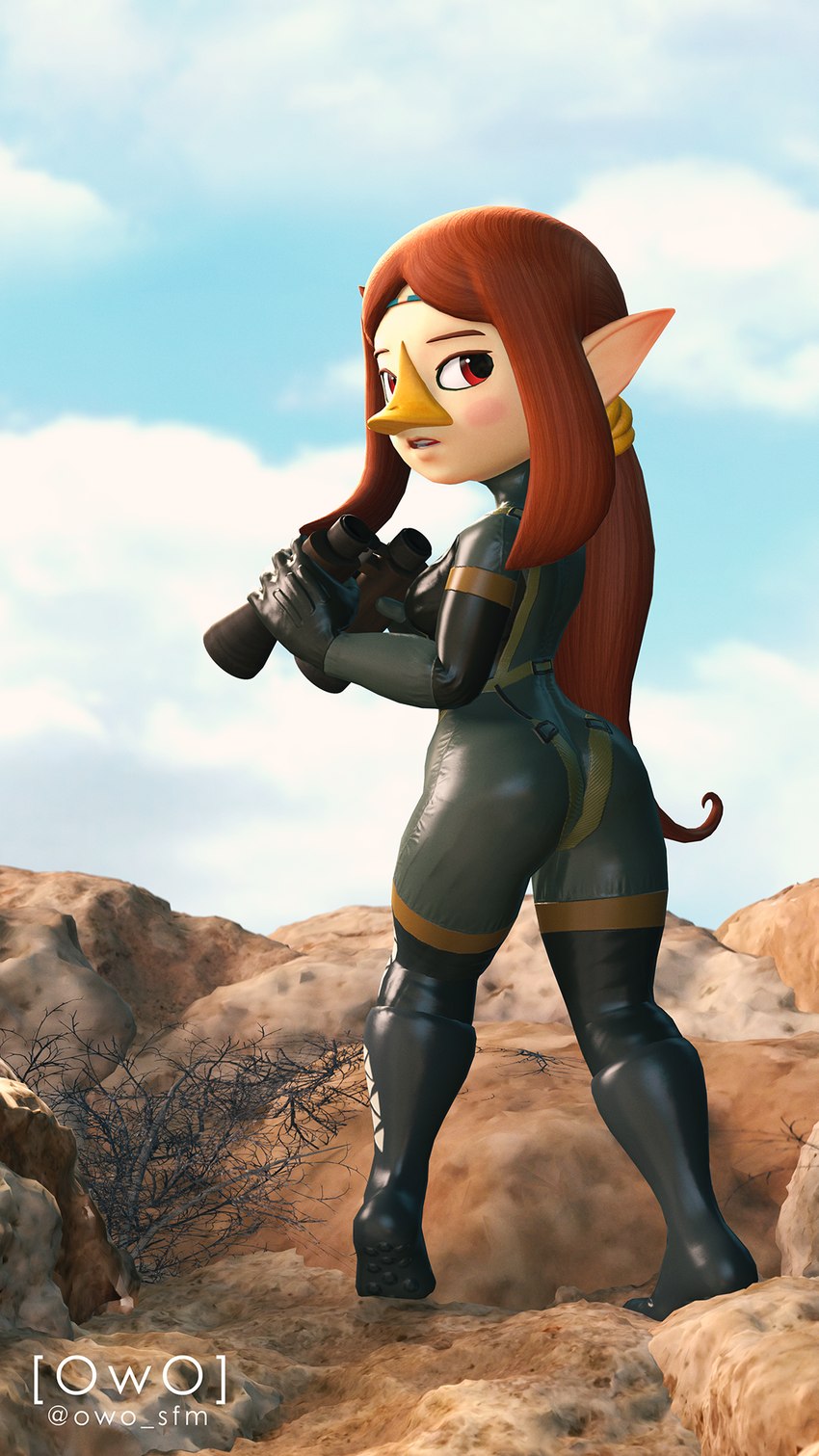 alternate_costume beak binoculars bodysuit brown_hair butt butt_pose clothed clothing clothing_swap day female hair looking_back nose_beak outside ponytail pose red_eyes rock skinsuit sneaking_suit solo tight_clothing owo_sfm konami metal_gear nintendo the_legend_of_zelda wind_waker medli naked_snake animal_humanoid avian avian_humanoid humanoid rito rito_humanoid 3d_(artwork) 9:16 digital_media_(artwork) hi_res source_filmmaker_(artwork) widescreen