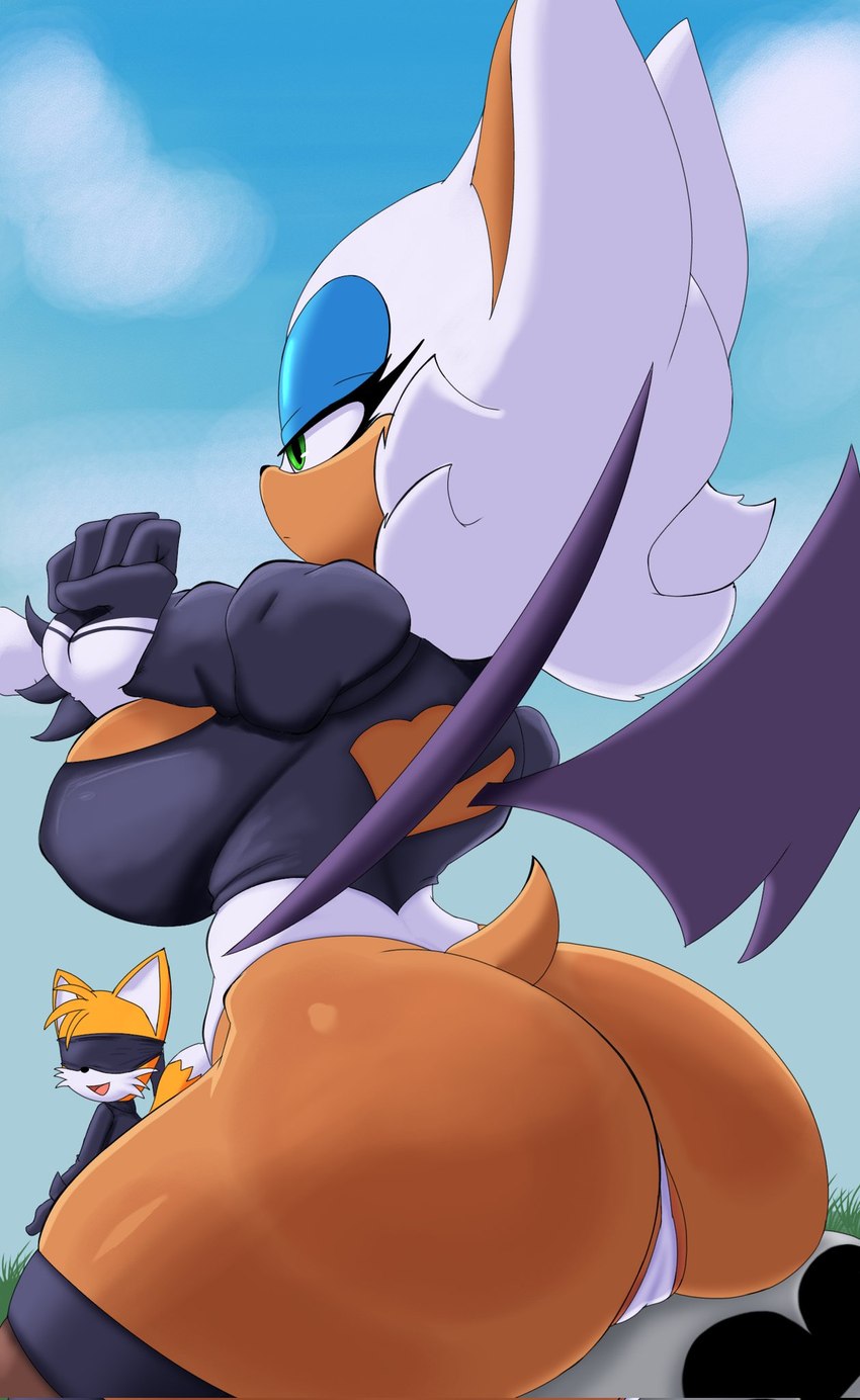 anthro big_breasts big_butt blindfold breasts butt butt_focus cosplay crossover_cosplay duo eyeshadow female green_eyes half-closed_eyes makeup male narrowed_eyes open_mouth open_smile sitting smile tail wings pliica_22 nier_automata platinumgames sega sonic_the_hedgehog_(series) miles_prower rouge_the_bat yorha_2b yorha_9s bat canid canine fox mammal crossover hi_res