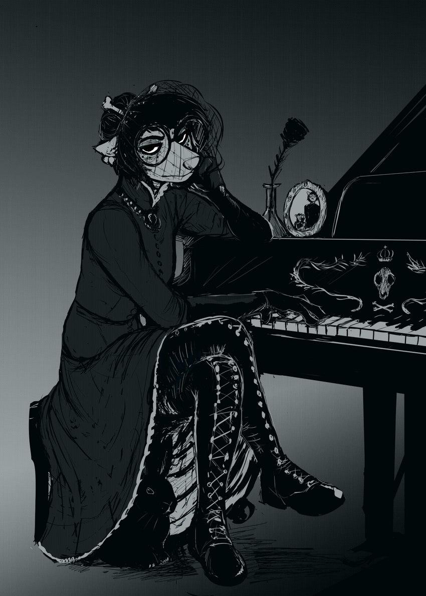 alternative_fashion ambiguous_gender anthro boots clothing dress duo eyewear female feral footwear glasses gloves goth gradient_background grey_background handwear keyboard_instrument laced_boots legwear musical_instrument piano shoes simple_background sitting thigh_boots thigh_highs trad_goth veil victorian_goth hladilnik cedric_(hladilnik) mary_ann_(hladilnik) american_opossum lagomorph leporid mammal marsupial rabbit virginia_opossum 2021 greyscale hi_res monochrome