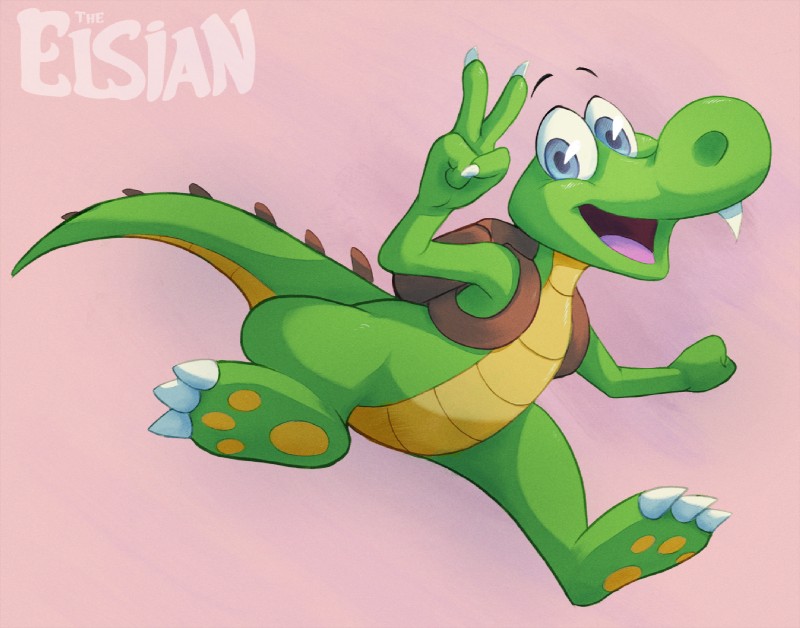 4_fingers anthro backpack barefoot biped blue_eyes claws fangs feet fingers green_body green_scales green_tail male scales simple_background smile solo tail teeth toe_claws tongue wide_crotch elsian croc_(series) croc_(croc) crocodile crocodilian reptile scalie 2019 digital_media_(artwork) watermark