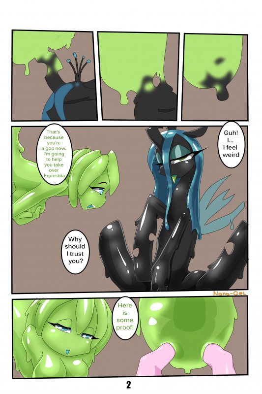 blebbing dialogue duo female feral interspecies simple_background slime text transformation nana_gel friendship_is_magic hasbro my_little_pony midori_gel queen_chrysalis_(mlp) arthropod changeling goo_creature 2015 2:3 absurd_res comic english_text hi_res