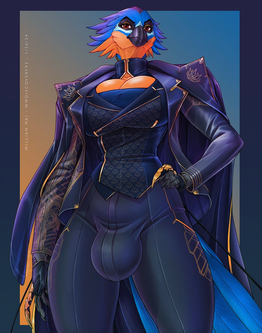 anthro beak big_bulge bulge clothing coat cyberpunk cyberpunk_clothes feathers feet gynomorph intersex jewelry looking_at_viewer looking_down looking_down_at_viewer red_eyes solo talons toes topwear wmdiscovery93 seljhet avian bird coraciiform motmot hi_res