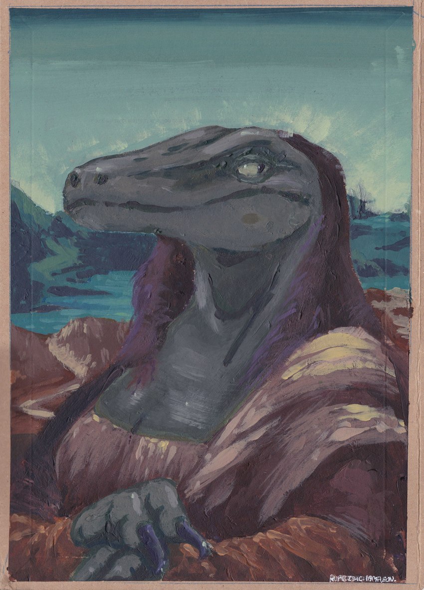 anthro cardboard clothed clothing detailed_background female green_body hair looking_aside nails outside serious solo velisaraptor_(rubbish_chameleon) rubbish_chameleon mona_lisa_(painting) dinosaur dromaeosaurid prehistoric_species reptile scalie theropod velociraptor acrylic_painting_(artwork) detailed hi_res inspired_by_formal_art painting_(artwork) traditional_media_(artwork)