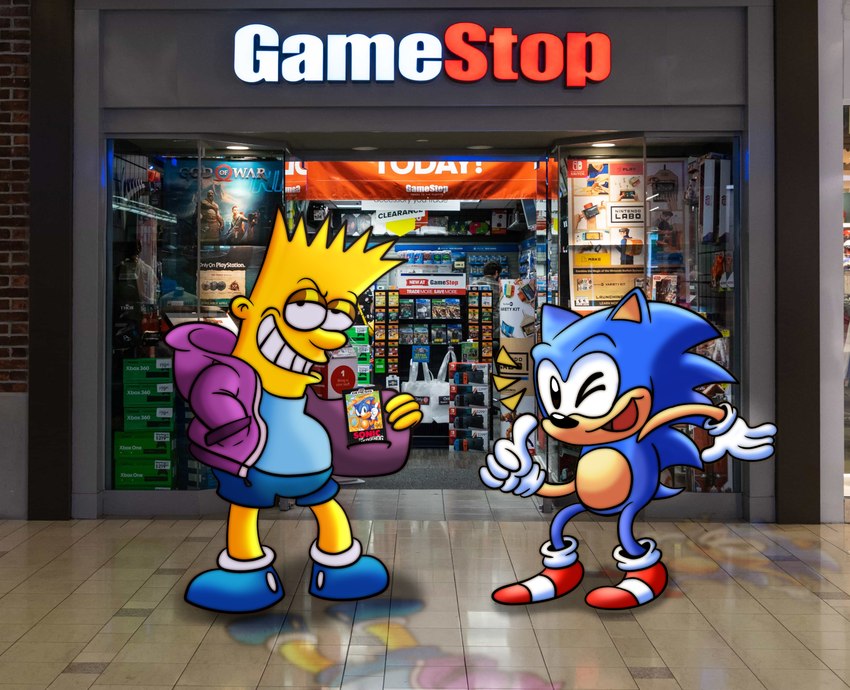 anthro black_body black_skin blue_body blue_fur clothing fur gesture hand_gesture jacket male one_eye_closed photo_background smile stealing text thumbs_up topwear wink yellow_body yellow_skin ess_n_stuffs classic_sonic_(universe) gamestop god_of_war nintendo_labo sega sonic_characters_walking_into_stores sonic_the_hedgehog_(series) sony_corporation sony_interactive_entertainment the_simpsons bart_simpson classic_sonic sonic_the_hedgehog eulipotyphlan hedgehog human mammal absurd_res crossover english_text hi_res meme photography_(artwork)