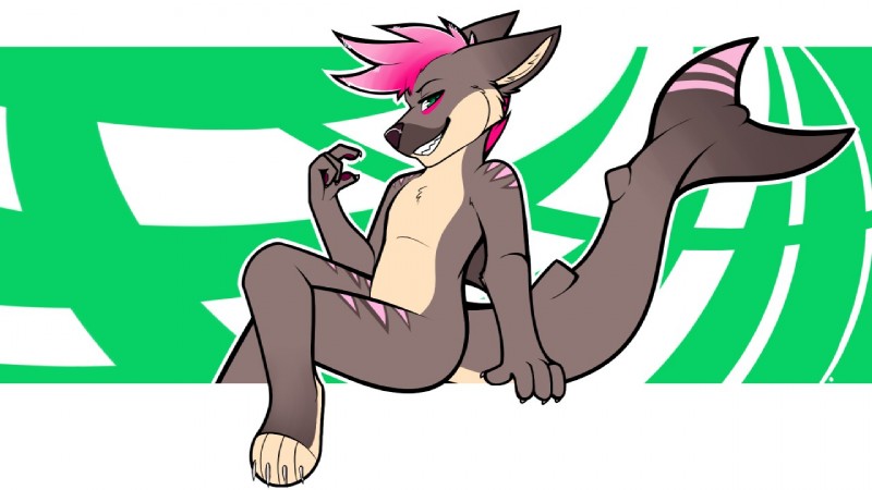 anthro biped claws crossed_legs green_eyes hair looking_at_viewer male pink_hair sitting smile solo teeth lycanruff chase_(ziggyzerda) canid canine canis domestic_dog fish hybrid mammal marine shark 16:9 widescreen