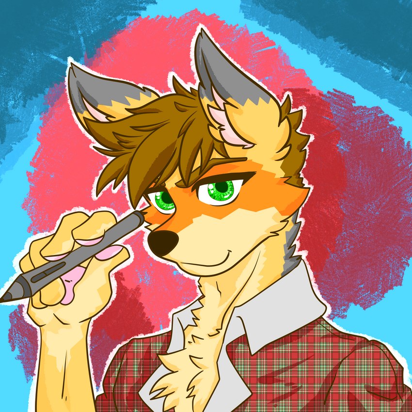 anthro brown_hair clothing fur green_eyes hair male multicolored_body multicolored_fur outline pattern_background pattern_clothing pawpads pen perspective-incorrect_clothing perspective-incorrect_plaid perspective-incorrect_shirt perspective-incorrect_texturing perspective-incorrect_topwear plaid plaid_clothing shirt simple_background smile solo topwear unbuttoned_shirt ditzz canid canine canis coyote mammal 1:1 absurd_res colored digital_media_(artwork) digital_painting_(artwork) hi_res shaded