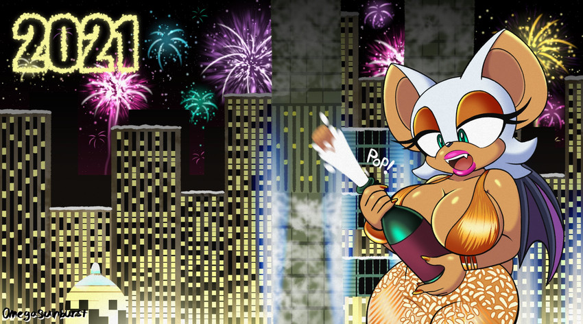 alcohol anthro beverage big_breasts breasts champagne city cityscape cleavage clothed clothing cork cork_popping dress female fireworks holidays open_mouth pop_(sound_effect) solo text wings omegasunburst new_year sega sonic_the_hedgehog_(series) rouge_the_bat bat mammal english_text hi_res