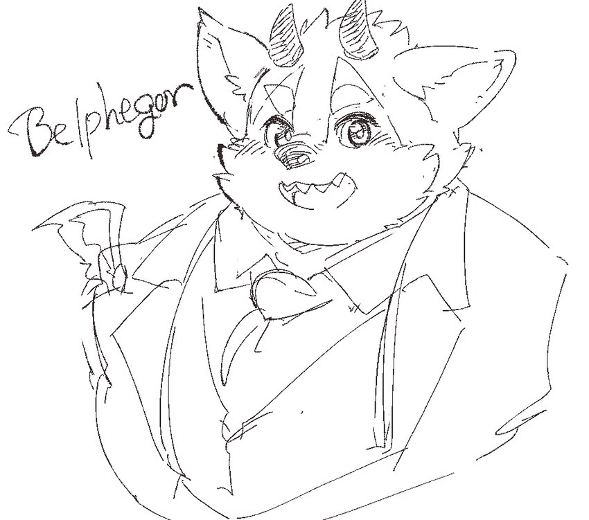 anthro blush eyebrows horn male necktie sharp_teeth smile solo teeth text thick_eyebrows exe_exem lifewonders tokyo_afterschool_summoners belphegor_(tas) canid canine canis demon mammal wolf english_text half-length_portrait portrait sketch