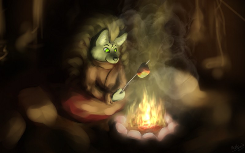 brown_body brown_fur campfire clothing cooking cookout fire food fur green_eyes headdress male meat night robe simple_background smoke solo acru_jovian canid canine canis mammal wolf 16:10 digital_media_(artwork) high_contrast