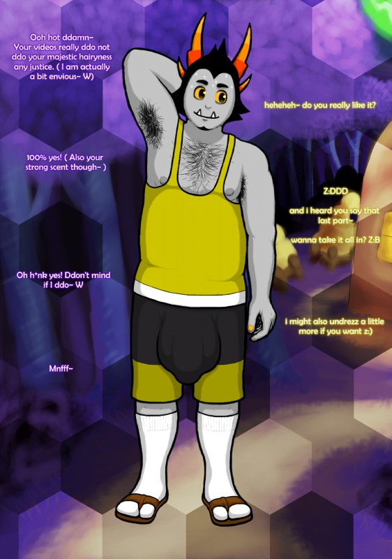 aged_up armpit_hair bodily_fluids body_hair bulge chest_hair clothing footwear hairy horn hyper legwear male nipples not_furry offscreen_character sandals shoes slightly_chubby socks socks_with_sandals solo sweat text mintgears hiveswap homestuck ms_paint_adventures zebede_tongva alien alien_humanoid horned_humanoid humanoid troll_(homestuck) english_text hi_res