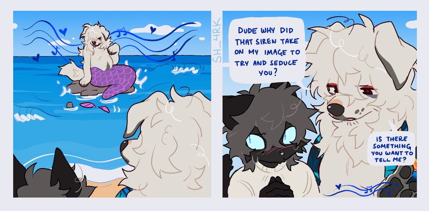 anthro bangs beach black_body black_fur blush clothed clothing cloud day dialogue flustered fur group hair heart_symbol humor male musical_note musical_symbol outside rock sand scales sitting sky split_form standing symbol tail text trio tuft water white_body white_fur sh-4rk nine_(sh-4rk) canid canine canis domestic_cat domestic_dog felid feline felis mammal marine merfolk siren 2024 comic english_text hi_res multiple_scenes signature