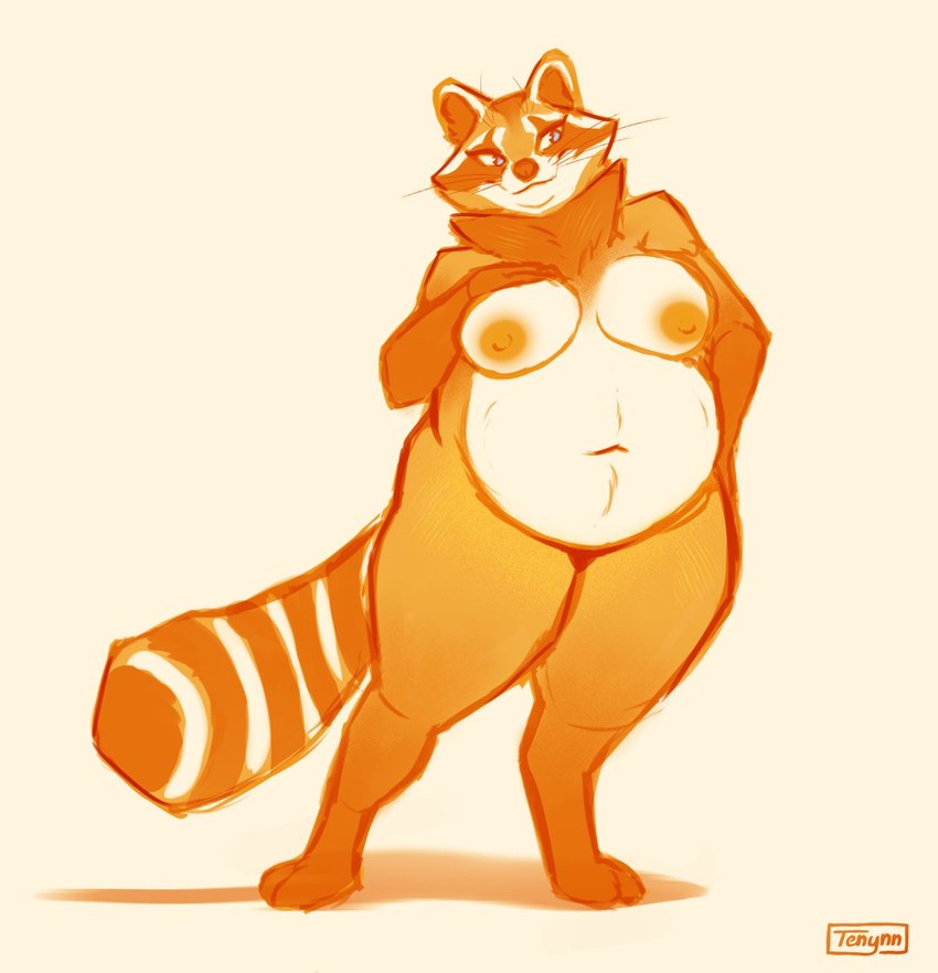 anthro areola belly blue_eyes breasts female navel nipples nude overweight overweight_anthro overweight_female smile solo standing whiskers tenynn mammal procyonid raccoon 2023 hi_res signature