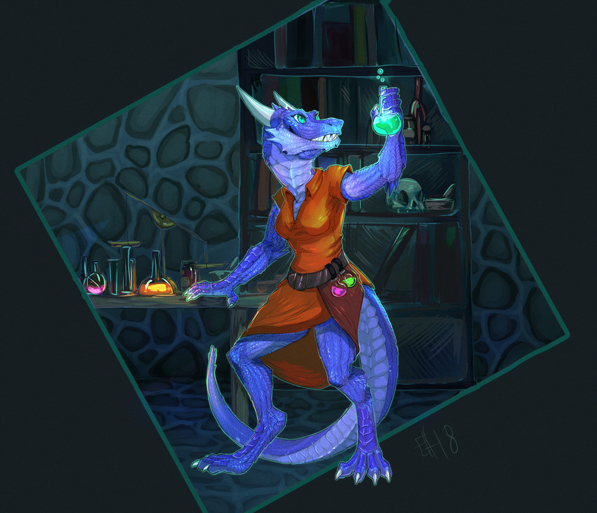 4_toes alchemist anthro armor blue_body blue_eyes blue_scales claws feet female glowing grin holding_glass holding_object laboratory leather leather_armor scales sharp_teeth smile solo teeth toes white_claws hiccupby loskra kobold scalie 2018 absurd_res hi_res