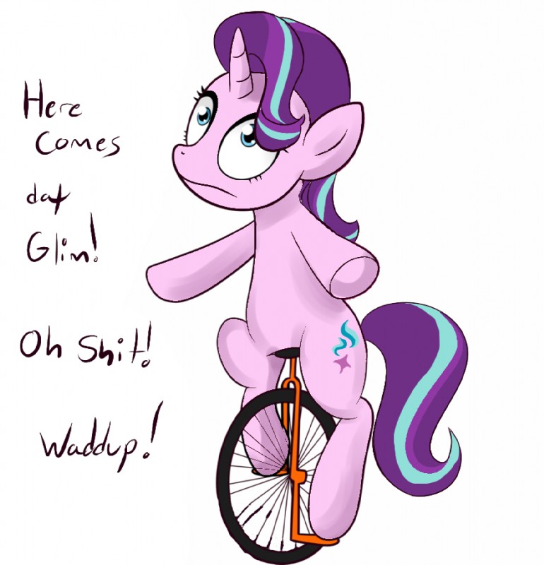 cutie_mark female feral hair horn multicolored_hair simple_background solo text two_tone_hair unicycle vehicle white_background why blupolicebox dat_boi friendship_is_magic hasbro my_little_pony mythology starlight_glimmer_(mlp) equid equine mammal mythological_creature mythological_equine unicorn english_text meme