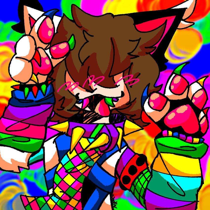 4_fingers black_ears black_paws blush bracelet bright_colors brown_hair choker clothing depth_of_field fingers hair hair_over_eyes jewelry light male multicolored_clothing multicolored_ears multicolored_sweater multicolored_topwear necklace necktie open_mouth open_smile pawpads paws pink_inner_ear pink_pawpads pink_tongue pose purple_choker purple_jewelry purple_necklace rainbow rainbow_background rainbow_clothing rainbow_sweater rainbow_teeth rainbow_topwear shadow simple_background smile solo spiked_bracelet spiked_choker spikes sweater teeth tongue topwear two_tone_ears white_ears white_paws yellow_spikes epilepsy_warning weeb-a-woof oz_(weeb-a-woof) animal_humanoid felid felid_humanoid feline feline_humanoid humanoid mammal mammal_humanoid 1:1 2023 bust_portrait colored colorful_theme digital_drawing_(artwork) digital_media_(artwork) english_description hi_res lighting neon_colors portrait shaded signature