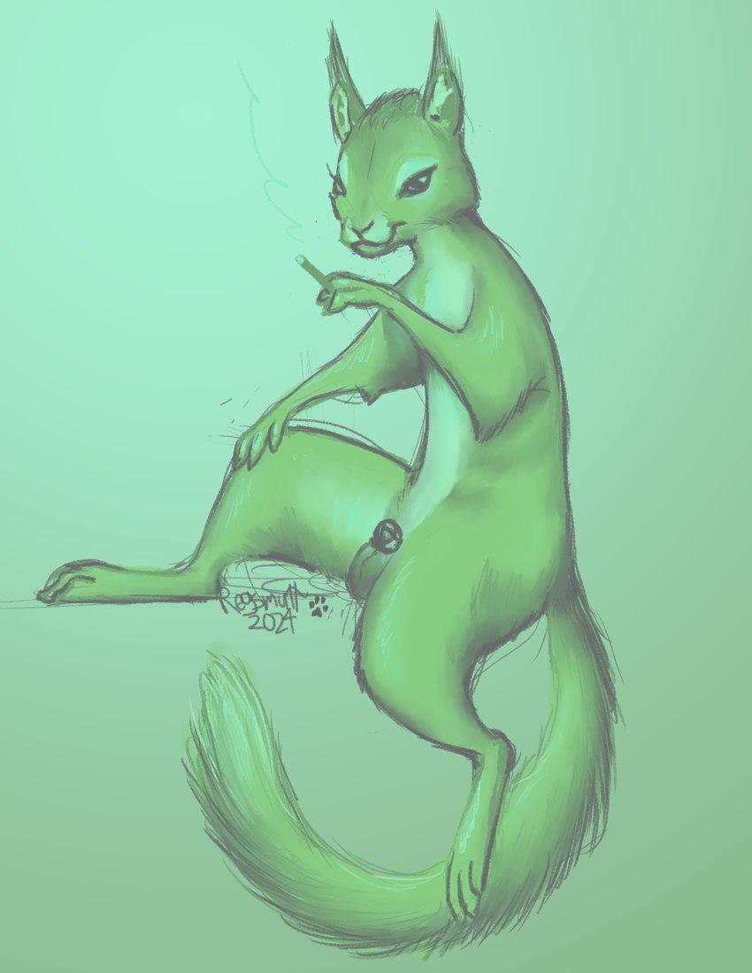 animal_genitalia balls chastity_cage chastity_cage_only chastity_device chastity_device_only cigarette feral fluffy fluffy_tail genitals gradient_background male nude sheath simple_background sitting smile smoking smoking_cigarette solo tail regsmutt mammal rodent sciurid tree_squirrel 2024 digital_drawing_(artwork) digital_media_(artwork) green_theme hi_res restricted_palette