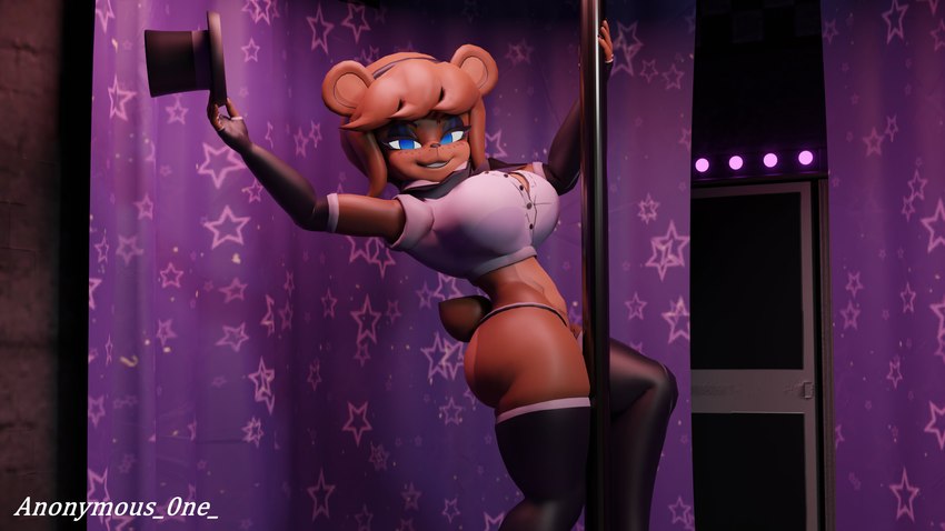 anthro big_breasts blue_eyes breasts clothed clothing crossgender female fingers hat headgear headwear holding_clothing holding_hat holding_headgear holding_headwear holding_object legwear mtf_crossgender pole short_tail solo tail thigh_highs top_hat anonymous_0ne five_nights_at_freddy's fredina's_nightclub scottgames freddy_(fnaf) fredina_(cally3d) bear mammal 16:9 2023 3d_(artwork) 4k absurd_res digital_media_(artwork) hi_res widescreen