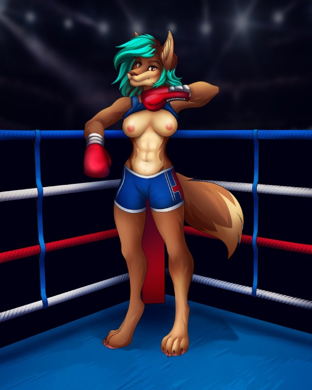 4_toes abs anthro areola athletic athletic_anthro athletic_female barefoot biped bottomwear boxing boxing_gloves breasts brown_body brown_eyebrows brown_eyes brown_fur brown_hair brown_nose claws clothed clothing clothing_lift curvy_figure eyebrows feet female fighting_ring flashing fur green_hair hair handwear inner_ear_fluff looking_at_viewer medium_breasts multicolored_hair muscular muscular_female navel nipples pink_areola pink_nipples seductive shorts smile solo sport standing toe_claws toes tuft two_tone_hair aorumi ergonie_(artist) audlin canid canine canis coyote mammal 2019 artist_collaboration hi_res