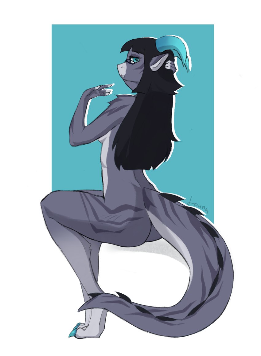 4_fingers anthro black_hair breasts butt eyewear female fingers glasses green_horn grey_body grey_skin hair horn looking_at_viewer nude pose simple_background sitting solo tail teal_eyes louraa mythology dragon mythological_creature mythological_scalie scalie 2022 hi_res