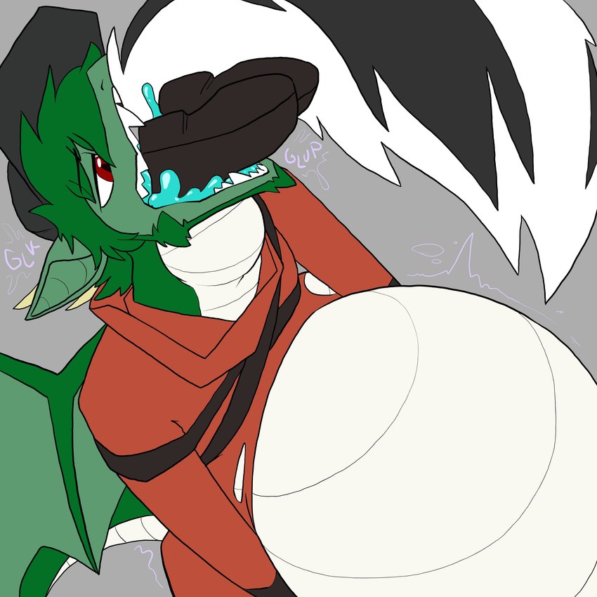 anthro belly big_belly body_invasion bulge clothed clothing creature_inside duo fully_clothed hat headgear headwear horn huge_belly hyper hyper_belly inflation male male/male membrane_(anatomy) membranous_wings neck_bulge onomatopoeia oral_vore slime_in_mouth sound_effects swallowing tail text vore wings topazknight lethal_company mythology jeremy_(topazknight) mintmonkey dragon goo_creature hygrodere_(lethal_company) mammal mephitid mythological_creature mythological_scalie scalie skunk 1:1 absurd_res digital_media_(artwork) hi_res