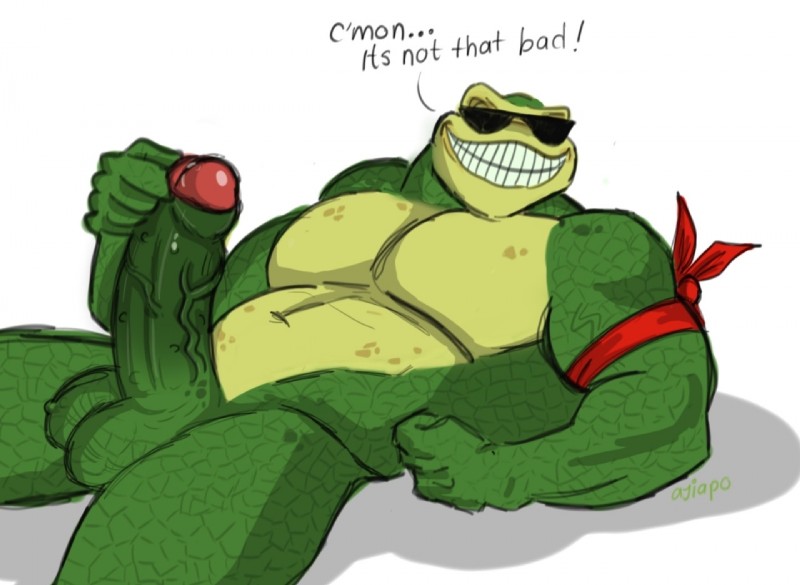 balls biceps big_pecs bodily_fluids eyewear eyewear_only genital_fluids genitals grin male muscular muscular_male nude pecs penis precum smile solo sunglasses sunglasses_only aji_arts battletoads killer_instinct rareware rash_(battletoads) amphibian frog toad_(frog)