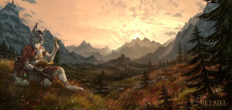 anthro biped book cheek_tuft claws clothed clothing cloud digitigrade ear_tuft facial_tuft female flower grass jewelry mortar_and_pestle mountain neck_tuft necklace outside plant rock sitting sky solo tree tuft whiskers heyriel bethesda_game_studios microsoft skyrim the_elder_scrolls avian bird felid khajiit mammal