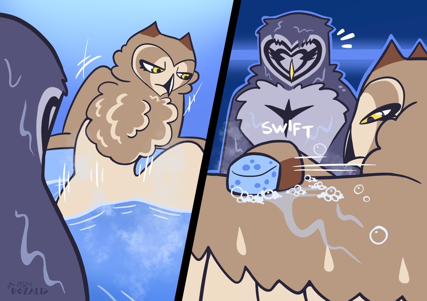 anthro bathing bathtub beak blue_body bubble duo eyelashes feathered_wings feathers female fluffy_chest heart_(marking) male male/female markings muscular shadowed_eyes sponge tan_body water wet wet_body wings yellow_eyes rozalid kinky_owls flammeusia nebulowl avian bird eared_owl great_grey_owl owl short-eared_owl strix_(genus) true_owl colored comic hi_res