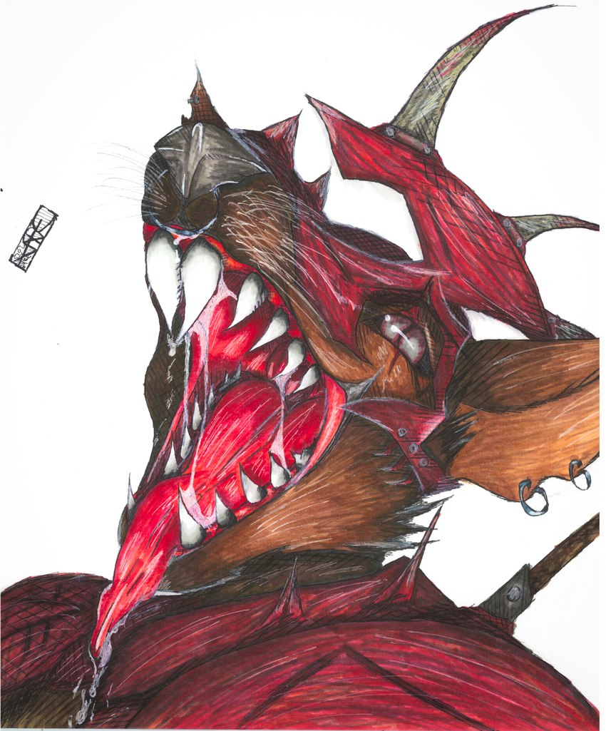 anthro armor blind_eye ear_piercing male mouth_shot open_mouth piercing solo text tongue tongue_out quizaro vermintide warhammer_(franchise) warhammer_40000 warhammer_fantasy queek_headtaker mammal rodent skaven absurd_res english_text hi_res traditional_media_(artwork)