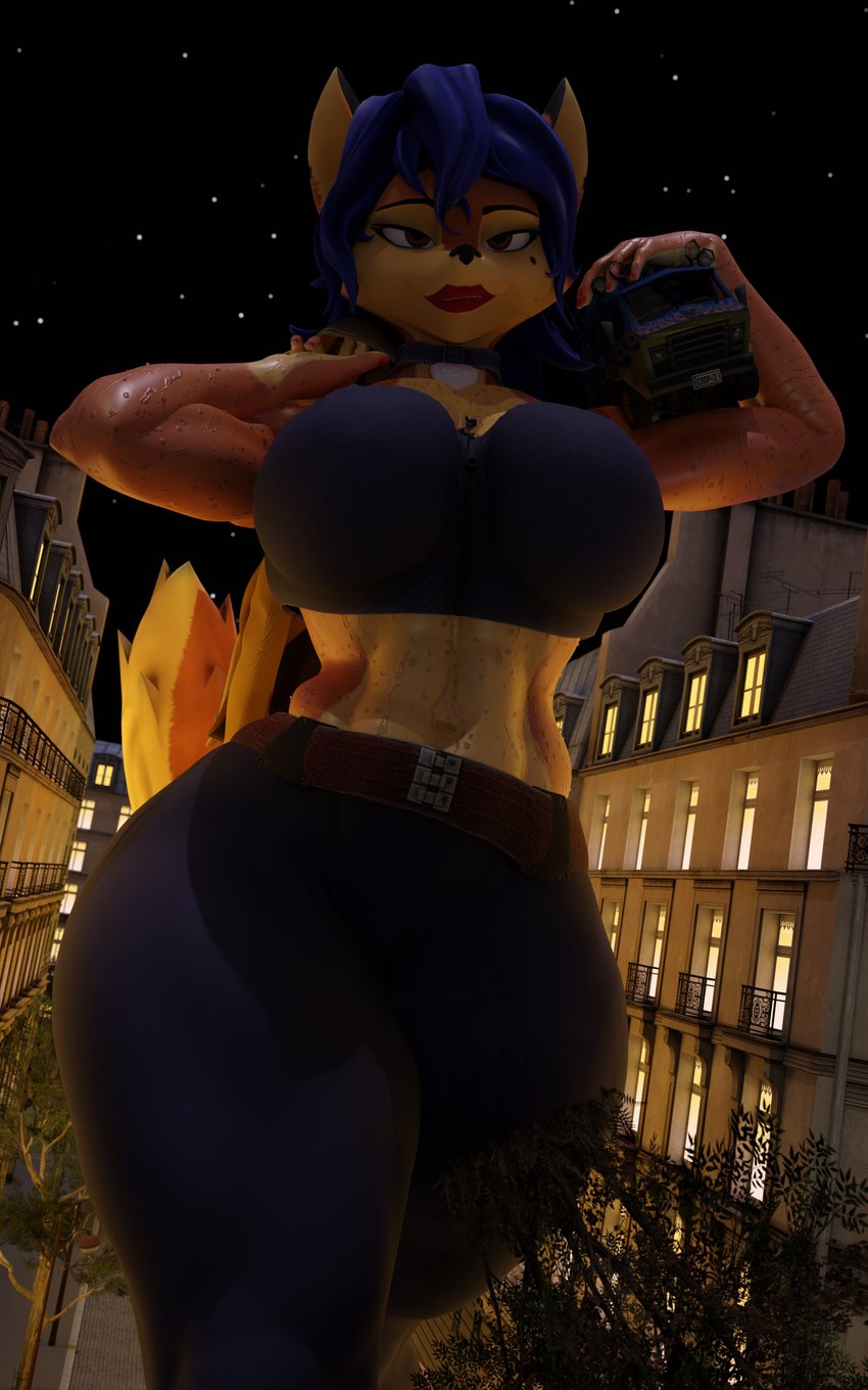 5_fingers anthro balcony belt big_breasts blue_bottomwear blue_clothing blue_pants bottomwear breasts building clothing female fingers holding_object larger_female lidded_eyes lips lipstick macro makeup male micro night pants red_lips size_difference sky smaller_male solo star thick_thighs town vehicle walking wide_hips window mikesmike sly_cooper_(series) sony_corporation sony_interactive_entertainment sucker_punch_productions warfare_machine carmelita_fox sly_cooper warfare_carmelita warfare_sly_cooper canid canine fox mammal procyonid raccoon 2023 3d_(artwork) 5:8 absurd_res digital_media_(artwork) hi_res