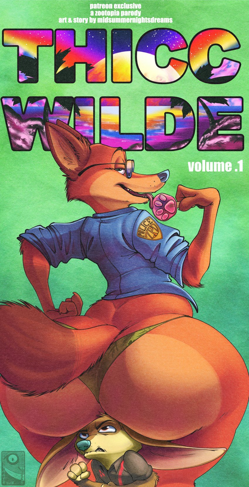 anthro badge bedroom big_butt blue_eyes bottomwear butt butt_hat clothing duo eyewear femboy food fur glasses green_background holding_food holding_object holding_popsicle huge_butt huge_hips hyper hyper_butt hyper_hips licking looking_at_viewer male male/male orange_body panties pawpsicle police popsicle rear_view seductive shirt simple_background sitting_on_another sitting_on_head text tongue tongue_out topwear underwear uniform wide_hips midsummernightsdream disney zootopia finnick_(zootopia) nick_wilde canid canine fennec_fox fox mammal red_fox true_fox english_text hi_res