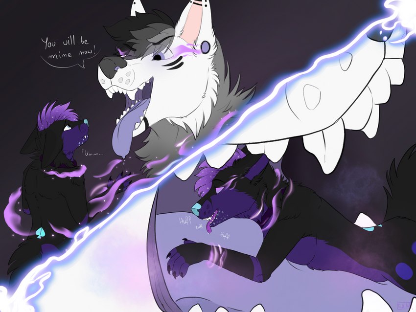 anthro breath duo eating extreme_size_difference feral glowing glowing_eyes hypnosis lying macro magic male male/male micro mind_control mini_comic moan on_front on_tongue open_mouth open_smile size_difference smile snack tongue tongue_out samuelwolfo kitsunaki samuelthewolf canid canine canis fox mammal wolf 4:3 hi_res