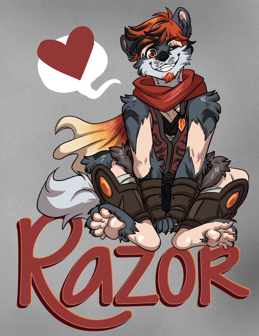 anthro armor badge black_hair bracers cape clothed clothing eye_scar facial_hair facial_scar feet foot_focus fully_clothed fur goatee greaves grey_body grey_fur hair human_to_anthro jewelry male mid_transformation necklace orange_eyes pawpads paws red_hair scar scarf shirt sitting sitting_on_ground solo species_transformation speech_bubble stripes topwear transformation vest wrappings starwolfskin zgf_art razor_the_firedog canid canine canis elemental_creature firedog human mammal 2023 absurd_res hi_res