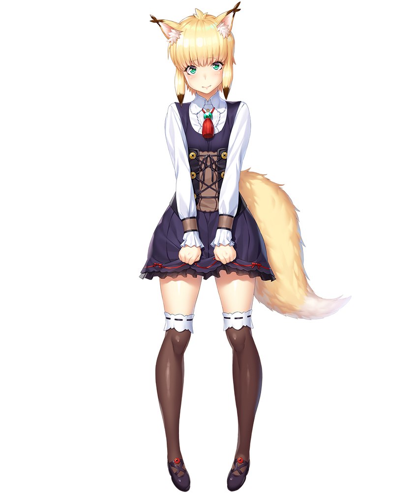 black_clothing black_dress black_shoe blonde_hair blush clothing dress female flat_chested green_eyes hair inner_ear_fluff legwear light_body light_skin looking_at_viewer simple_background solo stockings tail tuft white_background white_sleeves yellow_tail nobushito taimanin_(series) bridget_(taimanin_asagi) animal_humanoid canid canid_humanoid canine canine_humanoid fox fox_humanoid humanoid mammal mammal_humanoid digital_media_(artwork) hi_res