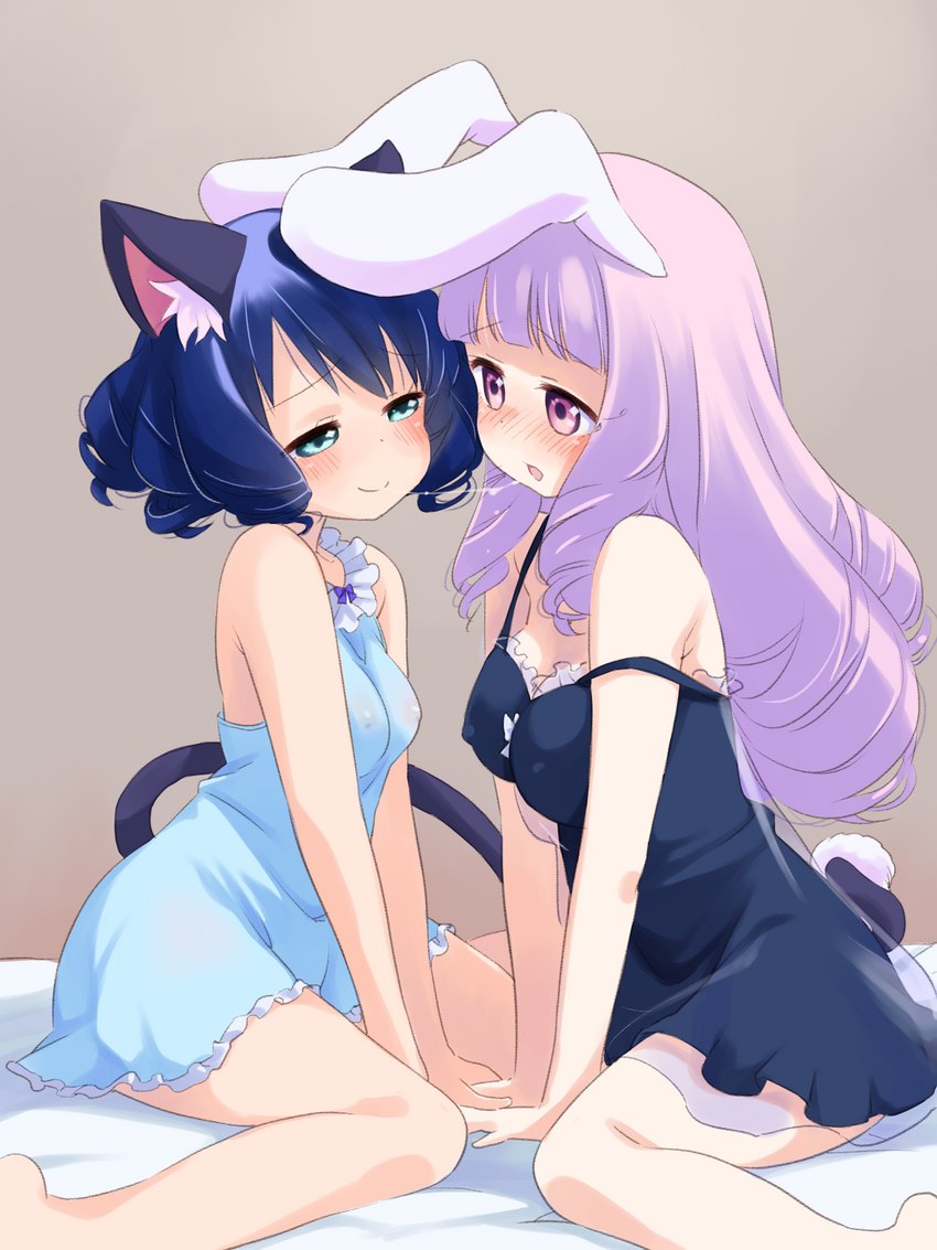 babydoll bed black_hair blue_eyes blush bodily_fluids breasts clothed clothing duo female female/female furniture hair inner_ear_fluff kneeling long_hair nightgown nipple_outline nipples open_mouth purple_eyes purple_hair saliva saliva_string short_hair simple_background smile translucent translucent_clothing tuft natsuki_takano sanrio show_by_rock!! chuchu_(show_by_rock!!) cyan_hijirikawa animal_humanoid cat_humanoid domestic_cat felid felid_humanoid feline feline_humanoid felis humanoid lagomorph lagomorph_humanoid leporid leporid_humanoid mammal mammal_humanoid rabbit rabbit_humanoid 3:4 hi_res