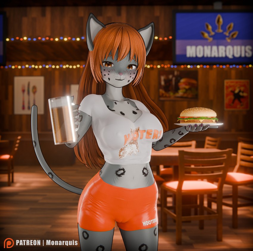 alcohol anthro beer beverage big_breasts bottomwear breasts burger clothed clothing female food hair hooters_uniform partially_clothed red_hair shorts solo monarquis hooters momo_(monarquis) felid mammal pantherine snow_leopard 3d_(artwork) absurd_res digital_media_(artwork) hi_res