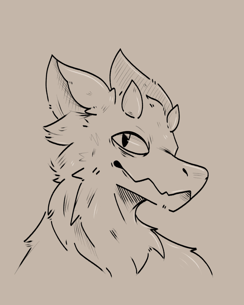 ambiguous_gender anthro facing_aside fluffy fur horn simple_background smile solo admiralbarley mythology dragon mythological_creature mythological_scalie scalie 4:5 black_and_white bust_portrait hi_res line_art monochrome portrait