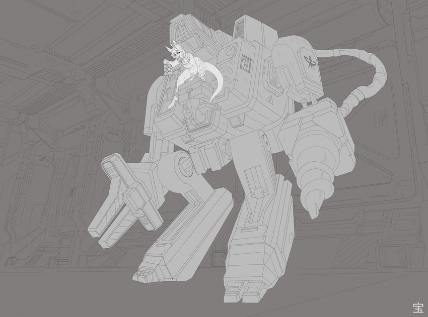 alcohol anthro beer beverage detailed_background drill drill_arm machine male mecha solo hibris blizzard_entertainment starcraft bao_(hibris) scv_pilot_(starcraft) arbaran avian robot terran hi_res monochrome