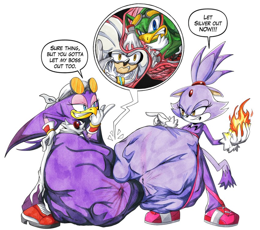 abdominal_bulge anthro anthro_pred belly big_belly dialogue female female_pred fully_inside group internal male male/female oral_vore same_size_vore speech_bubble text vore killboo sega sonic_riders sonic_the_hedgehog_(series) blaze_the_cat jet_the_hawk silver_the_hedgehog wave_the_swallow accipitrid accipitriform avian bird domestic_cat eulipotyphlan felid feline felis hedgehog hirundinid mammal oscine passerine swallow_(bird) english_text hi_res