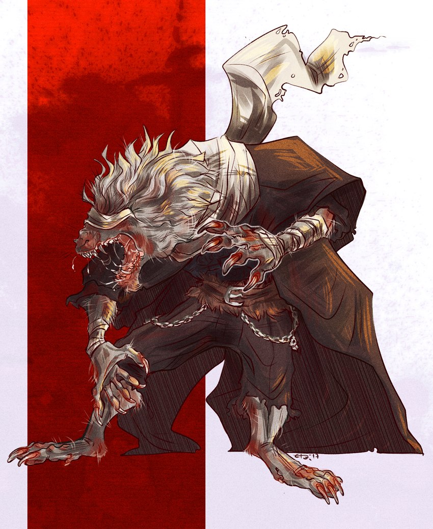 angry anthro bandage bandaged_arm bandaged_face barefoot bodily_fluids cape clothed clothing feet fur grey_body grey_fur male open_mouth saliva solo transformation etae bloodborne fromsoftware mythology sony_corporation sony_interactive_entertainment father_gascoigne_(bloodborne) beast_(bloodborne) canid canine mammal monster mythological_canine mythological_creature werecanid werecanine werecreature werewolf absurd_res hi_res