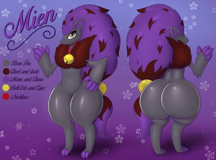 ambiguous_gender anthro bell bell_collar big_butt biped butt claws collar featureless_crotch front_view fur grey_body grey_fur hair huge_butt nude purple_background purple_claws purple_hair rear_view simple_background solo standing text thick_thighs yellow_eyes pandashorts nintendo pokemon fan_character mien_(pandashorts) generation_5_pokemon pokemon_(species) shiny_pokemon zoroark 2021 absurd_res english_text hi_res model_sheet male_(lore)