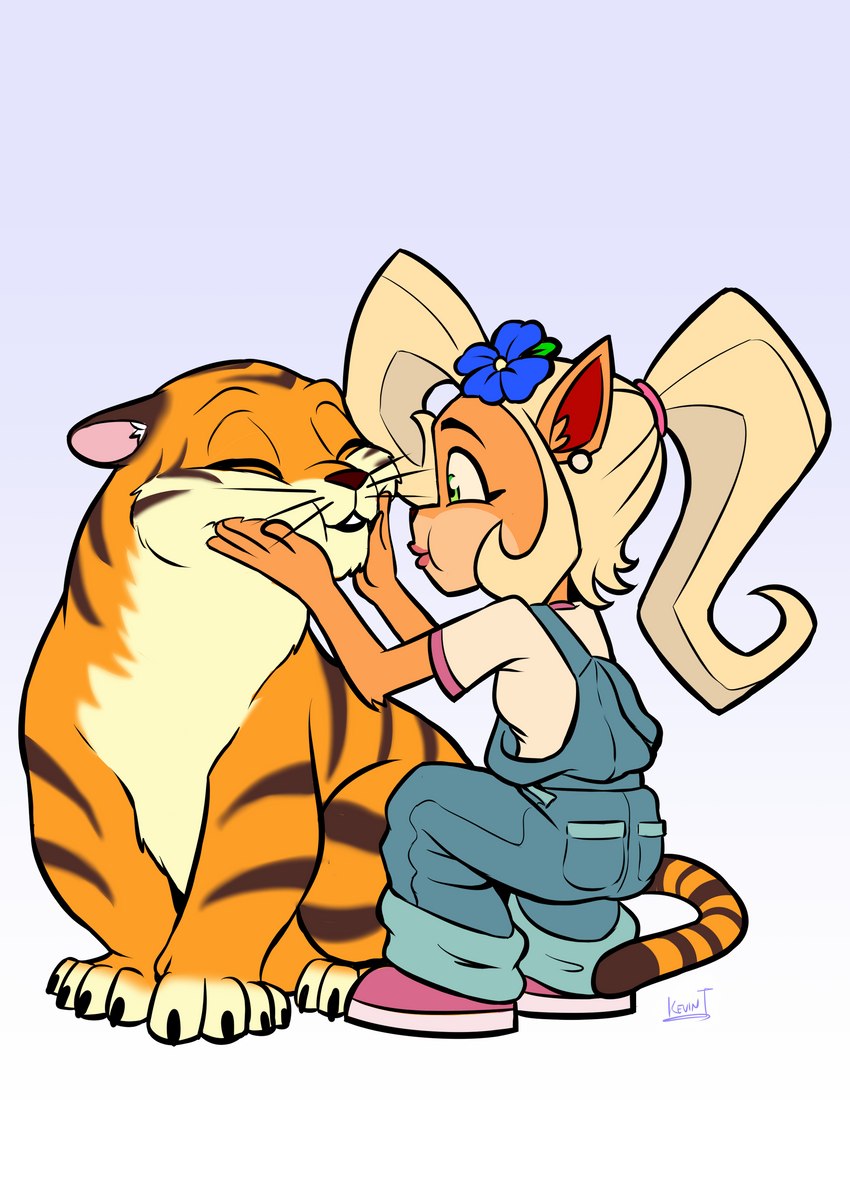 accessory anthro blonde_hair clothing duo eyes_closed female feral flower flower_in_hair footwear fur green_eyes hair hair_accessory lipstick long_hair makeup overalls plant ponytail simple_background smile whiskers kevintrentin activision crash_bandicoot_(series) coco_bandicoot pura_(crash_bandicoot) felid feline mammal marsupial 2021 absurd_res hi_res signature